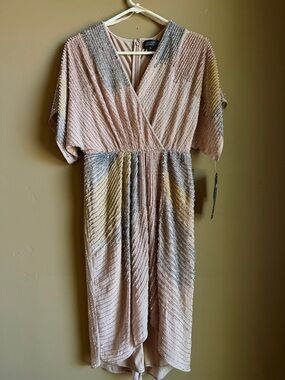 Adrianna Papell Blush Pink & Gold Sequin Wrap Midi Dress
